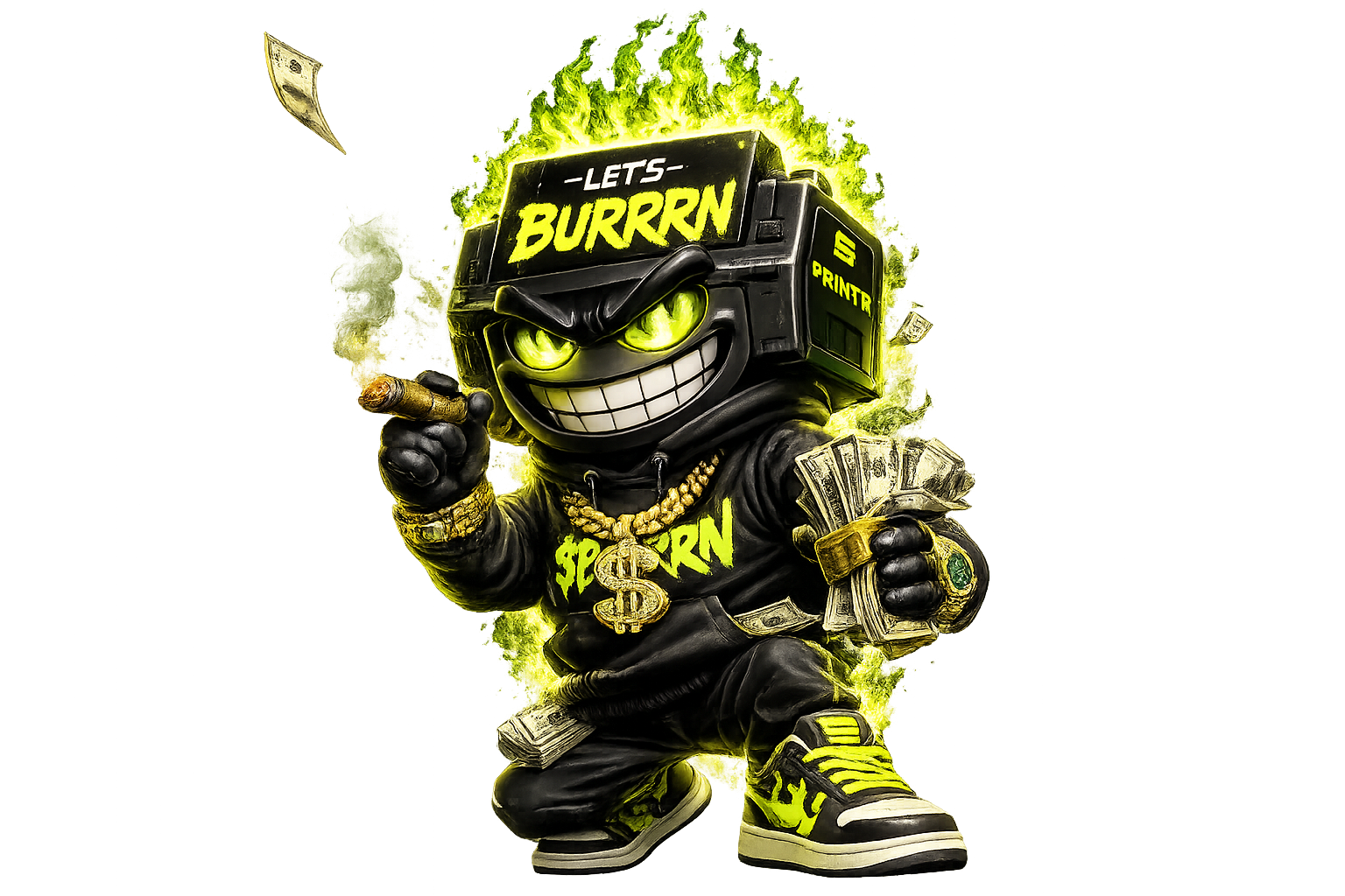 Burrrn mascot โ money printer with cigar and stacks of cash